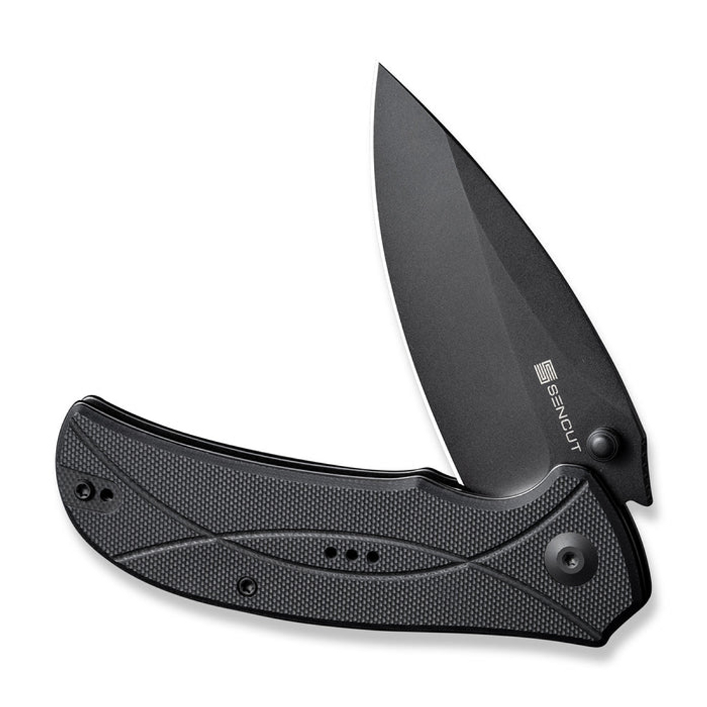SENCUT S23097-1 Hyrax Flipper/Thumb Stud Folding Knife 3.30"" Black 9Cr18MoV Leaf Shaped Plain Edge Blade, Black G10 Handle