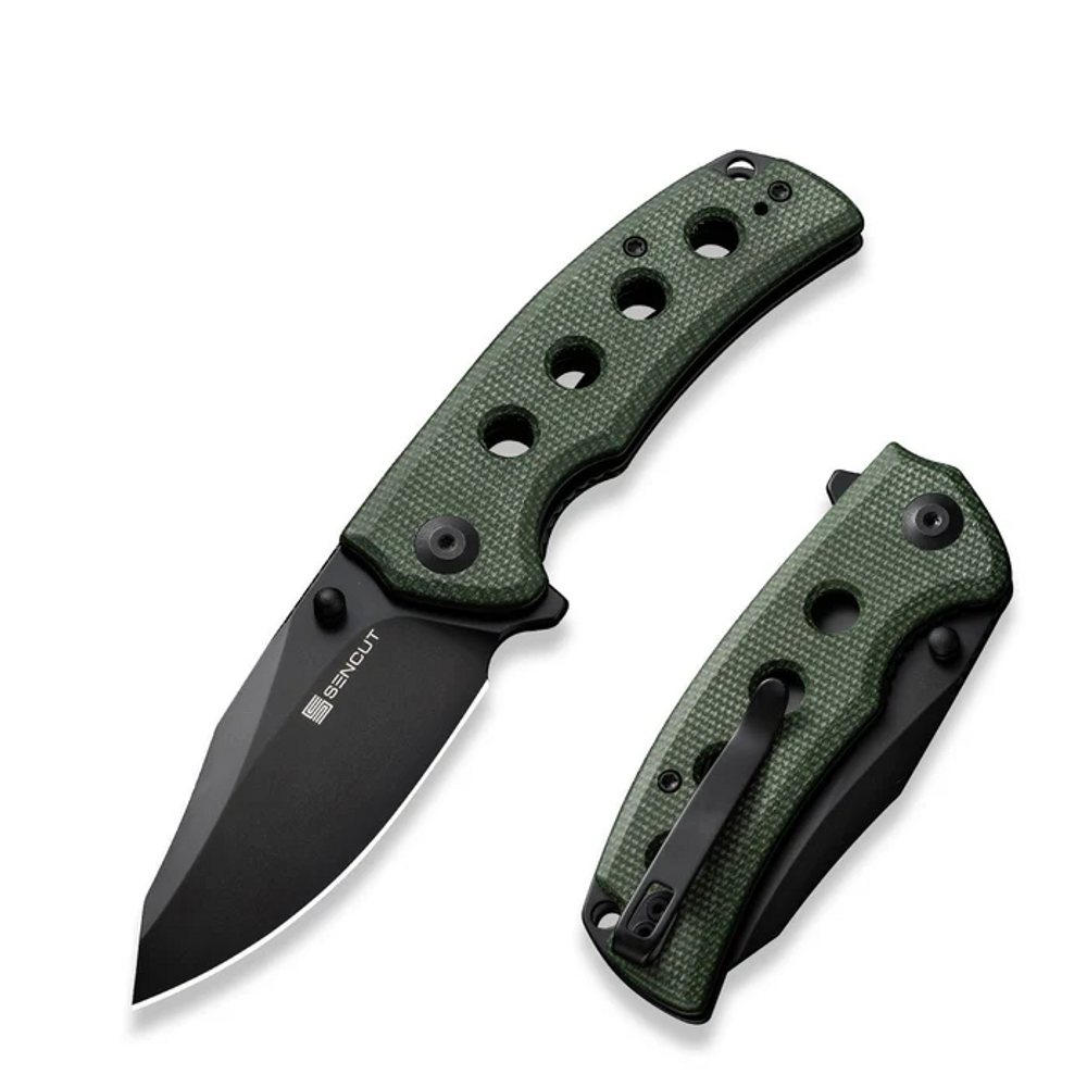 SENCUT S23068-3 Excalis Flipper/Thumb Stud Folding Knife 2.97"" Black 9Cr18MoV Reverse Tanto Plain Edge Blade, Green Canvas Micarta Handle