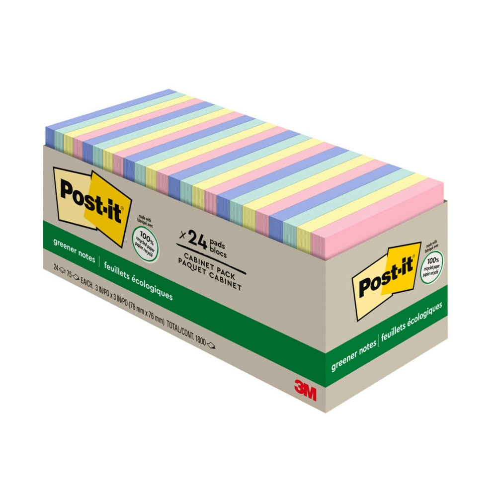 3M CO 654R-24CP-AP Post-it Greener Notes, 24 Pads, 3 in x 3 in, Clean Removal, School Supplies and Office Products, Sticky Notes for Vertical Surfaces, Monitors, Walls and Windows, Sweet Sprinkles Collection