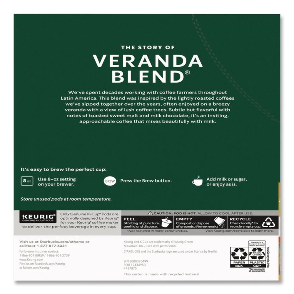 STARBUCKS COFFEE COMPANY 011111159 Veranda Blend Coffee K-Cups Pack, 24/Box