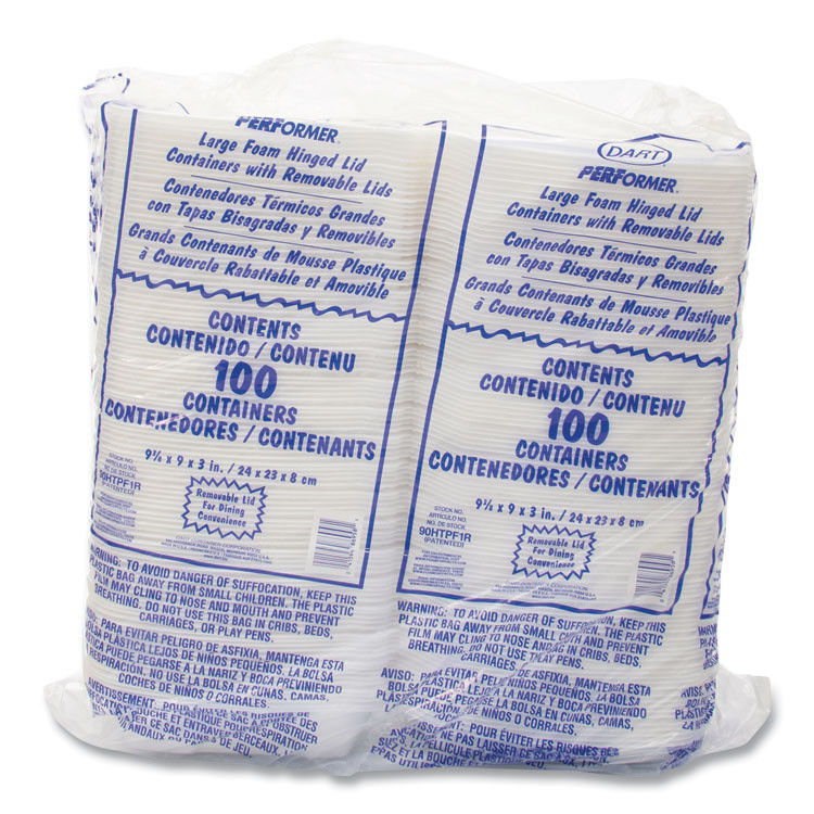 DART 90HTPF1R Foam Hinged Lid Container, Performer Perforated Lid, 9 x 9.4 x 3, White, 100/Bag, 2 Bag/Carton