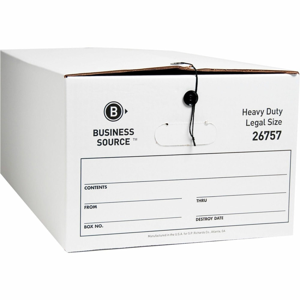 SP RICHARDS 26757 Business Source Heavy Duty Legal Size Storage Box - External Dimensions: 15in Width x 24in Depth x 10inHeight - Media Size Supported: Legal - String/Button Tie Closure - Medium Duty - Stackable - White - For File - Recycled - 12 / C