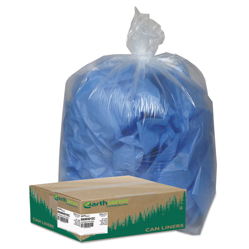 WEBSTER INDUSTRIES Earthsense® Commercial RNW4015C Linear Low Density Clear Recycled Can Liners, 33 gal, 1.25 mil, 33" x 39", Clear, 10 Bags/Roll, 10 Rolls/Carton