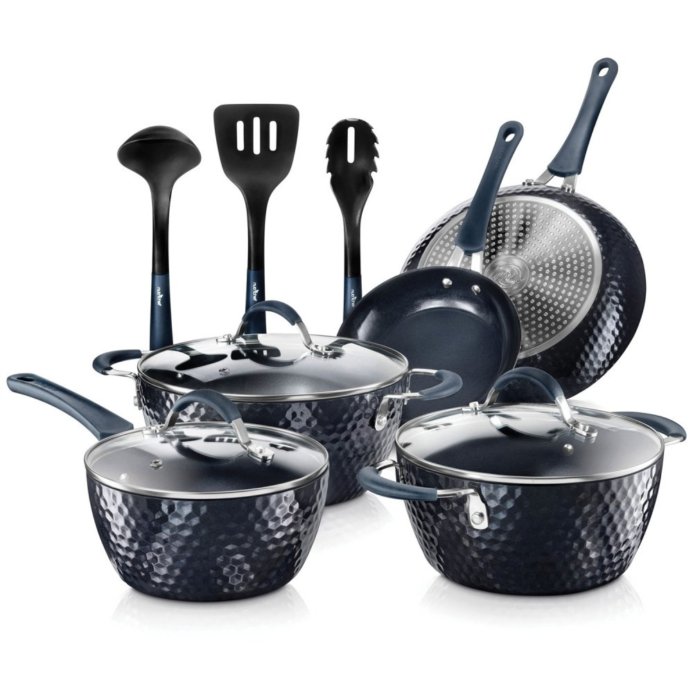 SOUND AROUND INC. NutriChef NCCW11DS  Diamond Home Kitchen Cookware Set (Dark Blue) - 11 Pieces - Cooking, Frying, Sauce - 1.70 quart - 2nd Saucepan 3rd Saucepan - 8in Frying Pan - 11in 2nd Frying Pan - 3.60 quart Dutch Oven Griddle - Blue, Dark Blue