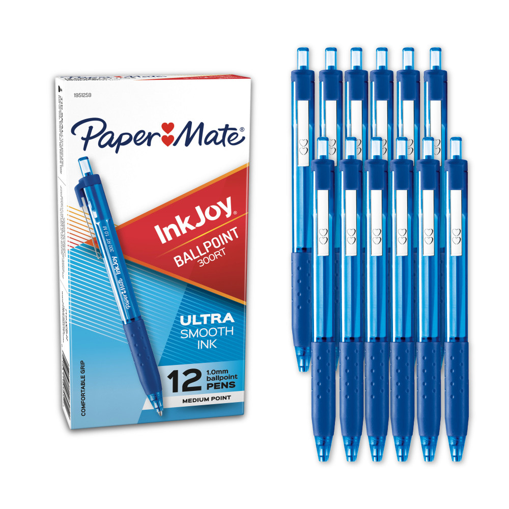 Transform your writing experience with the InkJoy 300 RT pens. Low-viscosity inks and optimized tips blend to create smooth, precise lines that will stand out whether you are signing greeting cards or jotting down notes for your next research paper. And with translucent, color-tinted bodies, these Paper Mate pens look sharp even from afar.  Unique InkJoy ink for effortless writing.  An extended rubberized grip for optimal comfort.  Translucent color-tinted body is modern and stylish.  Retractable tip for mess-free writing and storage.  Comes in a pack of 12 blue-ink pens with translucent blue barrels.  These Paper Mate pens have medium, 1.0 mm points.