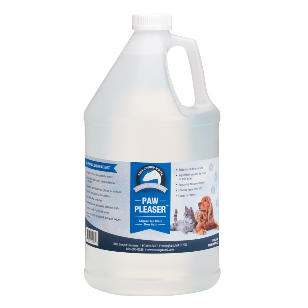 Prevent the buildup of ice with Bare Ground Paw Pleaser Liquid De-Icer. The pet safe formula wonT cause irritation to their paws.  Contains no salts.  Pet safe. Will not cause irritation to paws.  Will not harm grass, plants or shrubs.  Safe for use on virtually all surfaces.