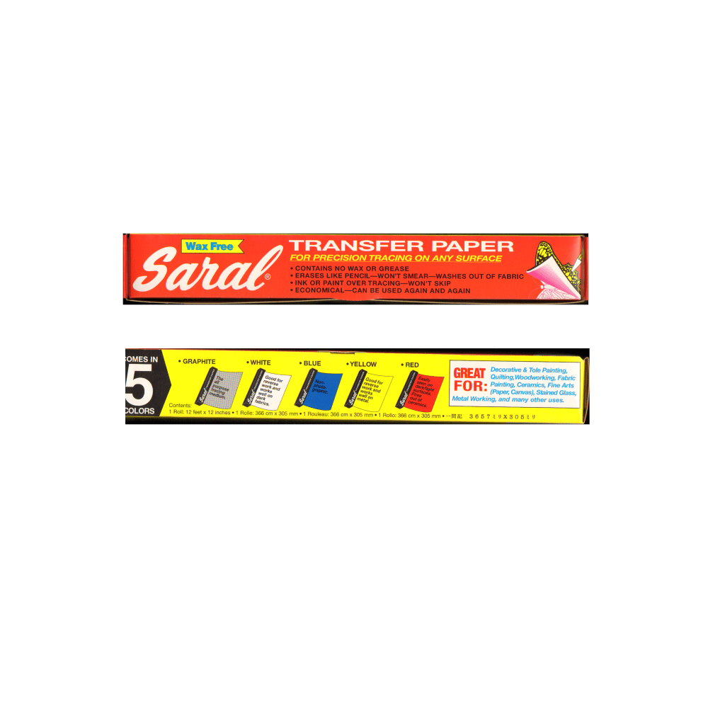 Create a copy of your design with Saral transfer paper. Its safe for use by both children and adults.  Nontoxic for safe use by children and adults.  Drawing paper roll accommodates a variety of projects.  12 1/2in x 12ft roll of graphite tracing paper for a variety of applications.