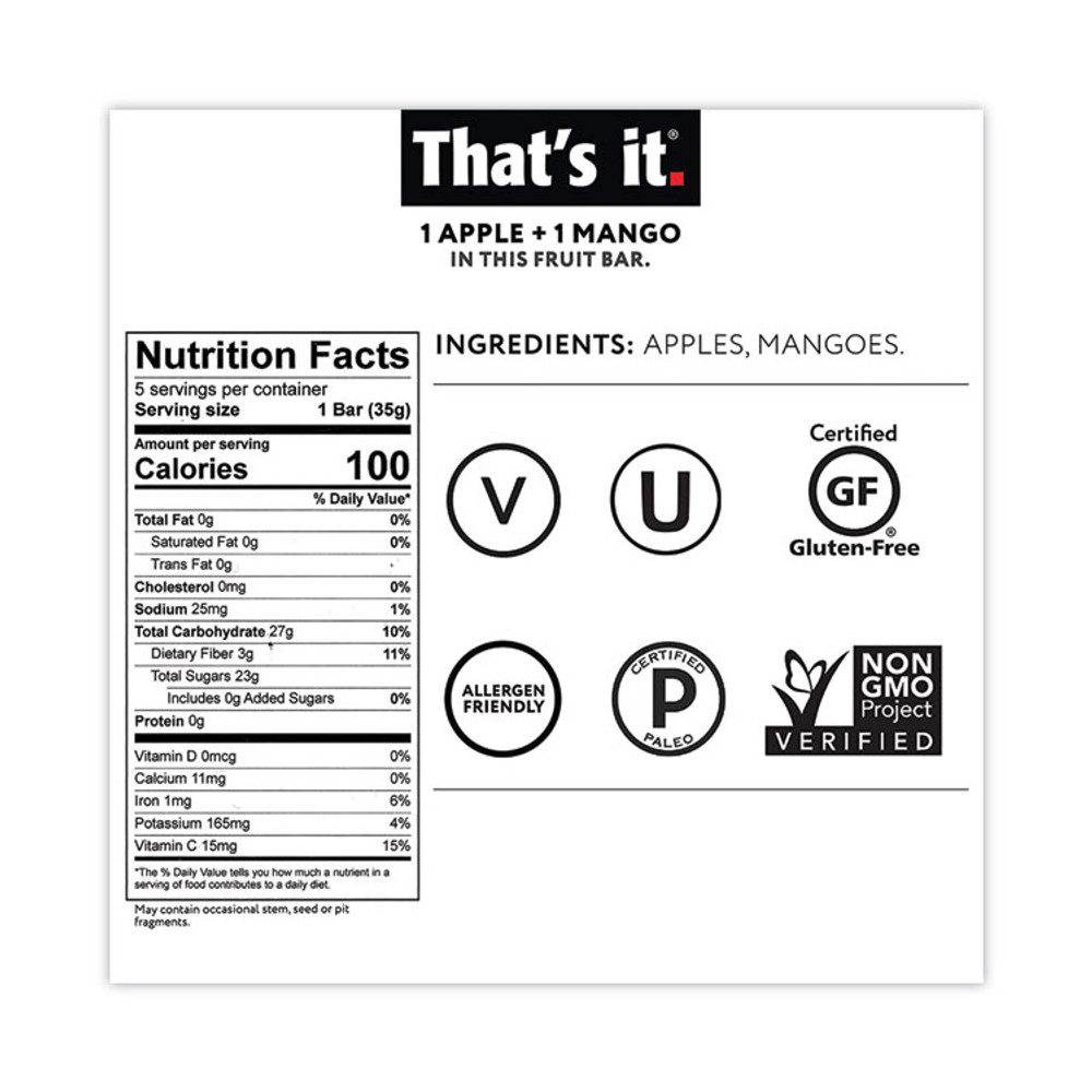 1908 BRANDS That’s it.® 30700257 Nutrition Bar, Gluten Free Apple and Mango Fruit, 1.2 oz Bar, 12/Carton