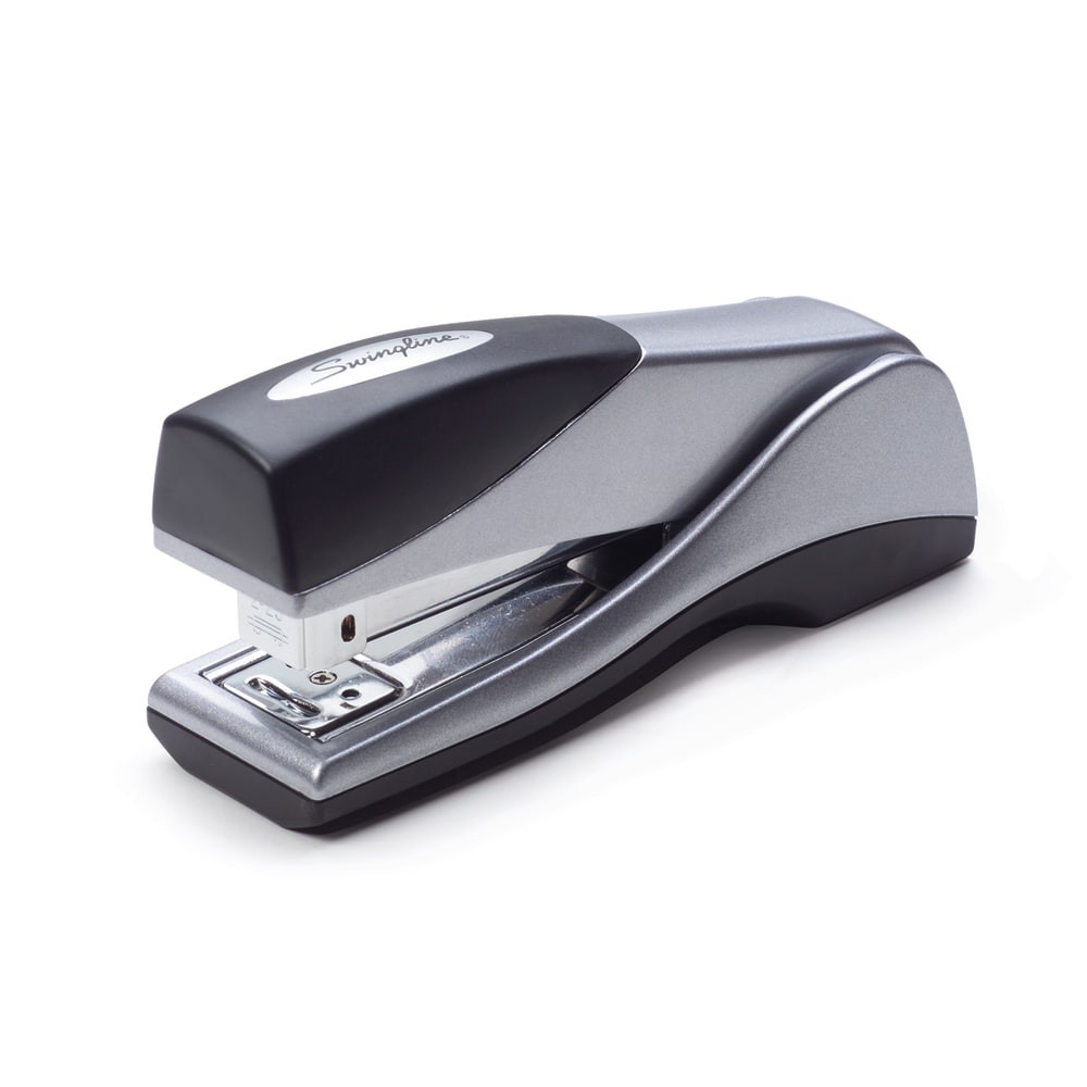 Designed for the way you work, the Swingline Optima (TM) Grip Stapler is ergonomically designed specifically for handheld use. Jam free from the first staple on the strip to the last when used with Swingline S.F. 4 Premium Staples. 100% performance guarantee. 25% greater capacity than other desk staplers, staples from 2-25 sheets of 20 lb. paper with S.F. 4 Premium Staples. Increased strength, superior reliability, metal construction. Features a unique blend of soft feel materials to enhance handheld stapling comfort.  The Swingline Optima Desk Stapler, keeps you jam free, guaranteed!    Ergonomically designed to maximize handheld performance.    Jam Free Guarantee.    25% greater capacity than other desk staplers, staples 2-25 sheets.    100% Performance Guarantee.    Enhanced soft feel materials for stapling comfort.    Metal construction for maximum durability.    Opens for tacking, tacking latch ensures the confidence and control of a secure stapling position.    Limited lifetime warranty.  Full-strip design.  Silver color.