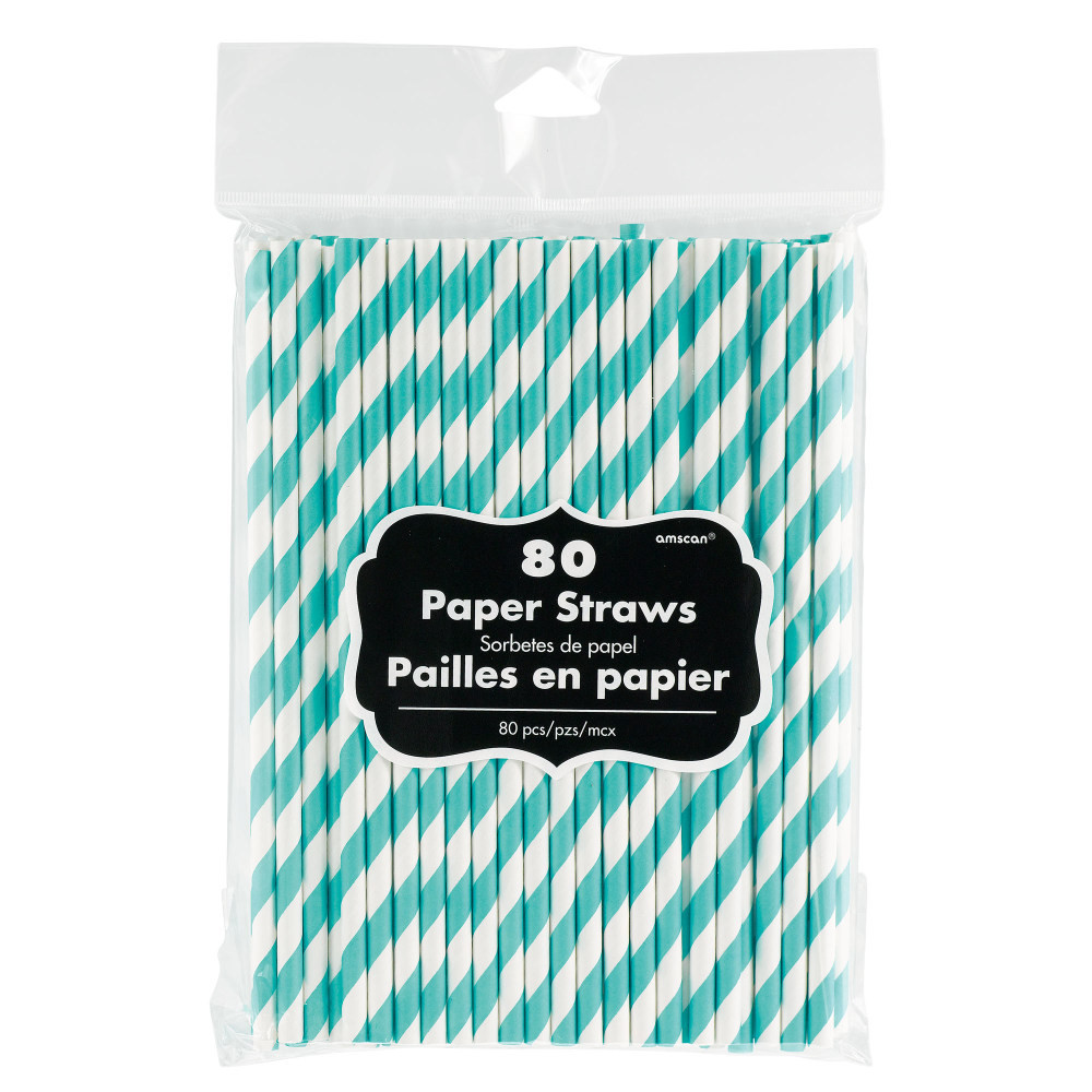 AMSCAN CO INC 400085.121 Amscan Striped Paper Straws, 7-3/4in, Robins Egg Blue, Pack Of 80 Straws