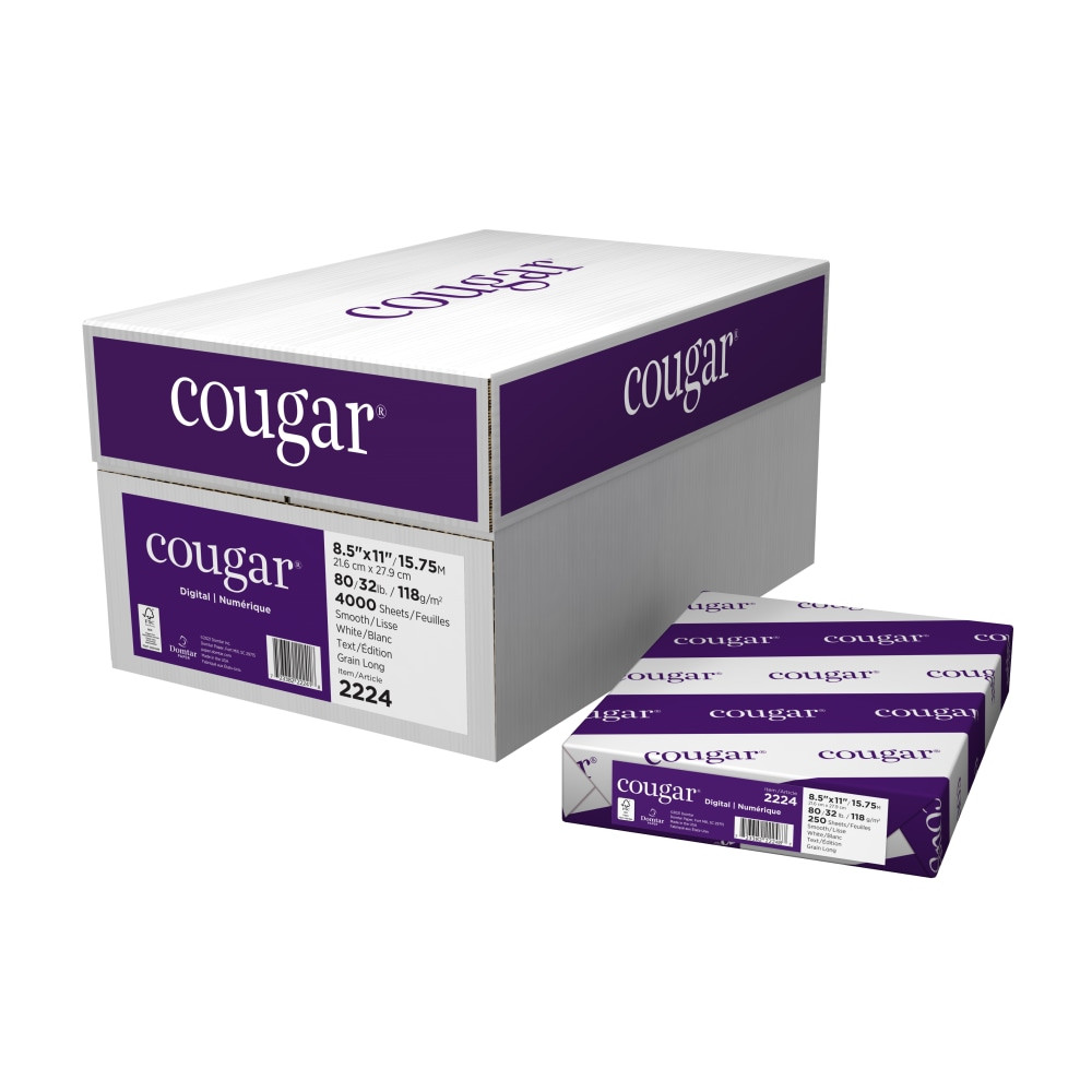 DOMTAR PAPER COMPANY, LLC Cougar 2826  Digital Printing Paper, Letter Size (8 1/2in x 11in), 98 (U.S.) Brightness, 70 Lb Text (104 gsm), FSC Certified, 500 Sheets Per Ream, Case Of 8 Reams
