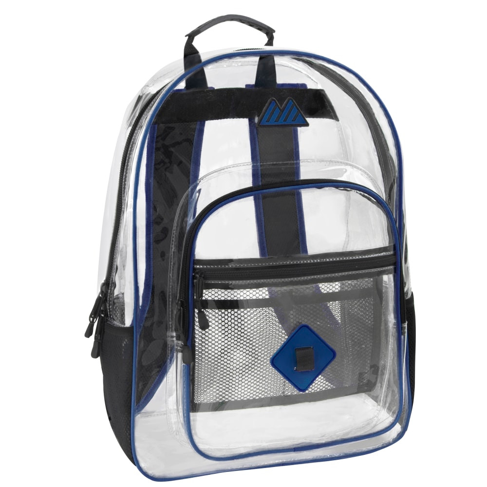 Organize your school supplies inside the roomy Trailmaker clear backpack. Its heavy-duty PVC construction is fully see-through and easy to wipe clean. The main compartment, zippered pockets and side mesh pockets have plenty of room for binders, homework, writing utensils, umbrellas and water bottles.  Heavy-duty PVC design is completely see-through, so you can easily get through security checks.  Carry or hang the bag with the secure-grip rubber handle.  2 side mesh pockets, 1 front zippered pocket, 1 zippered mesh pocket and 1 large main compartment can store all of your essentials.  Mesh slip compartments inside the front section help you organize writing utensils and other small items.  Easy-grip cloth and metal zippers provide extra security.  Rain-resistant design helps keep your items dry.
