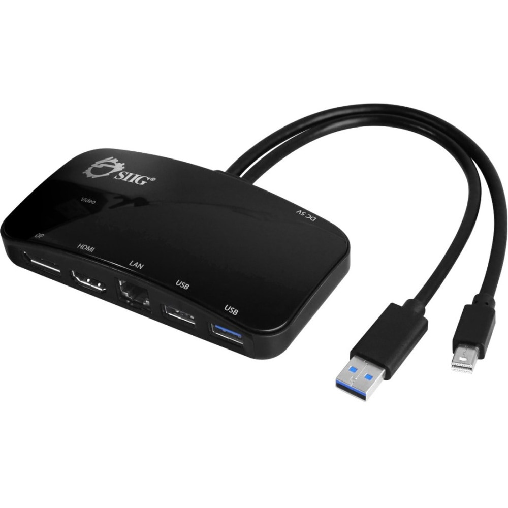 SIIG, INC. SIIG JU-H30412-S1  Mini-DP Video Dock with USB 3.0 LAN Hub - Black - for Notebook/Tablet PC/Desktop PC - USB 3.0 - 3 x USB Ports - 3 x USB 3.0 - Network (RJ-45) - HDMI - DisplayPort - Mini DisplayPort - Wired