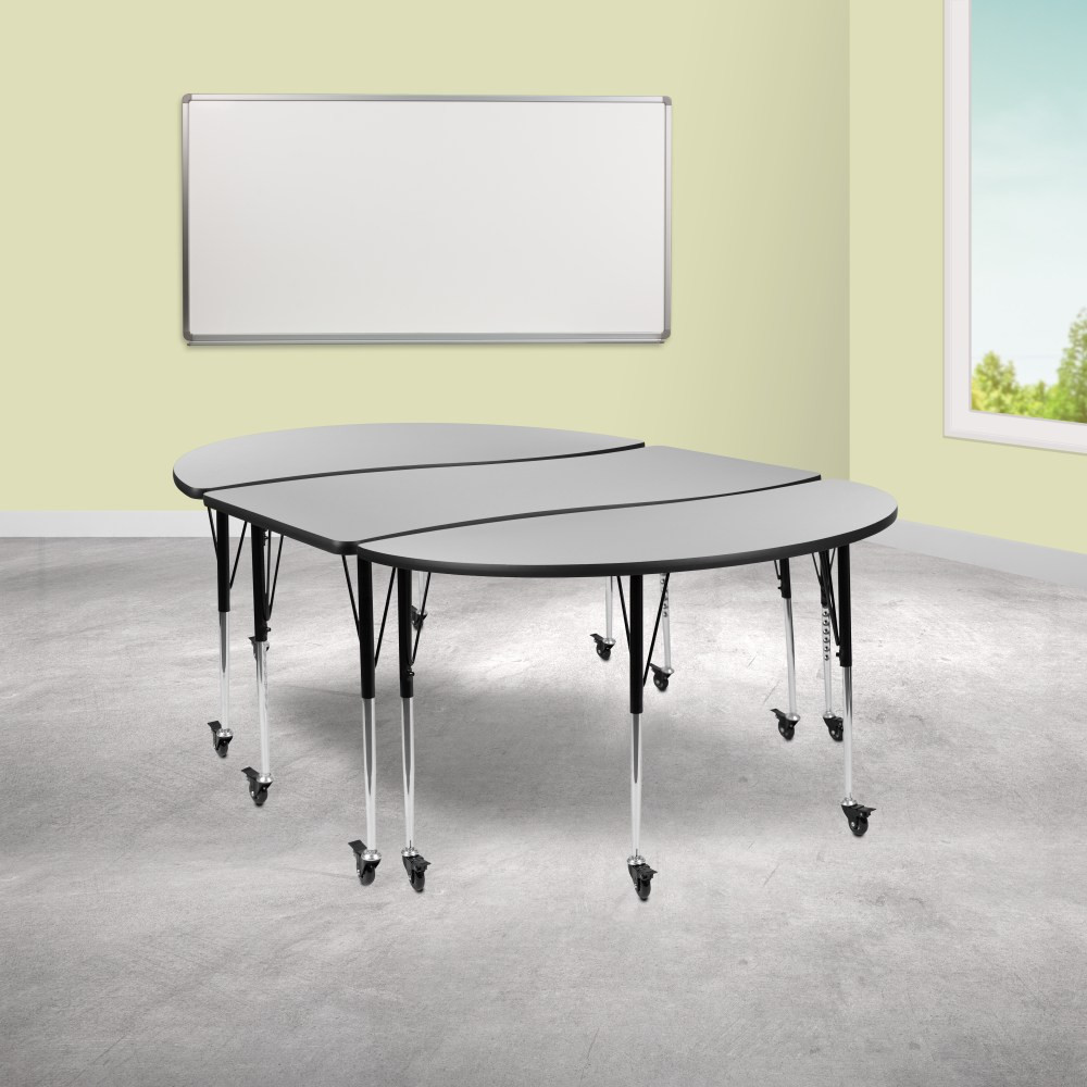 FLASH FURNITURE XUGA3060C60GTAC  Mobile Oval Wave Flexible Thermal Laminate 3-Piece Activity Table Set With Standard Height-Adjustable Legs, 30inH x 60inW x 86inD, Gray