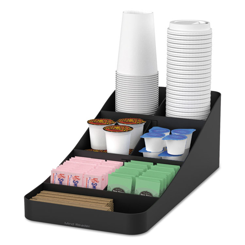 EMS MIND READER LLC COMP7BLK Trove Seven-Compartment Coffee Condiment Organizer, 7.75 x 16 x 5.25, Black