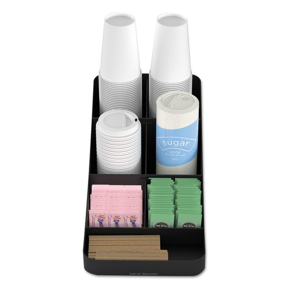 EMS MIND READER LLC COMP7BLK Trove Seven-Compartment Coffee Condiment Organizer, 7.75 x 16 x 5.25, Black