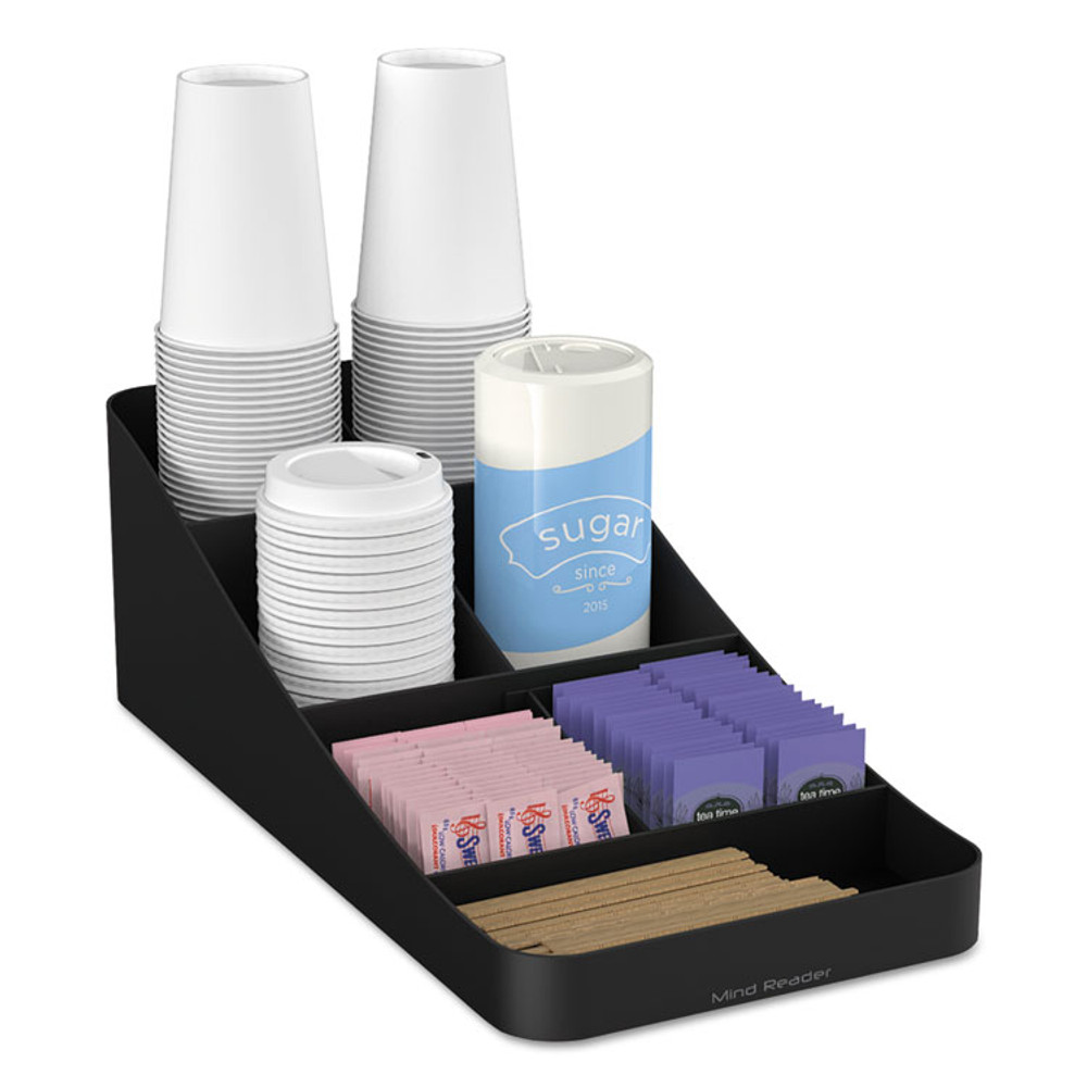 EMS MIND READER LLC COMP7BLK Trove Seven-Compartment Coffee Condiment Organizer, 7.75 x 16 x 5.25, Black