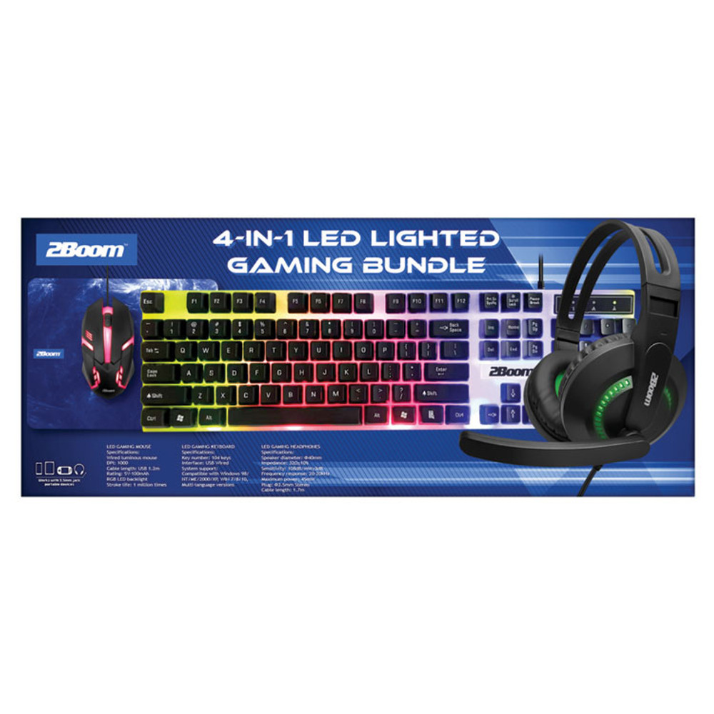 MIGEAR INTERNATIONAL GROUP LLC 2Boom® GHP440B 4-in-1 LED Lighted Gaming Bundle, USB, Blue