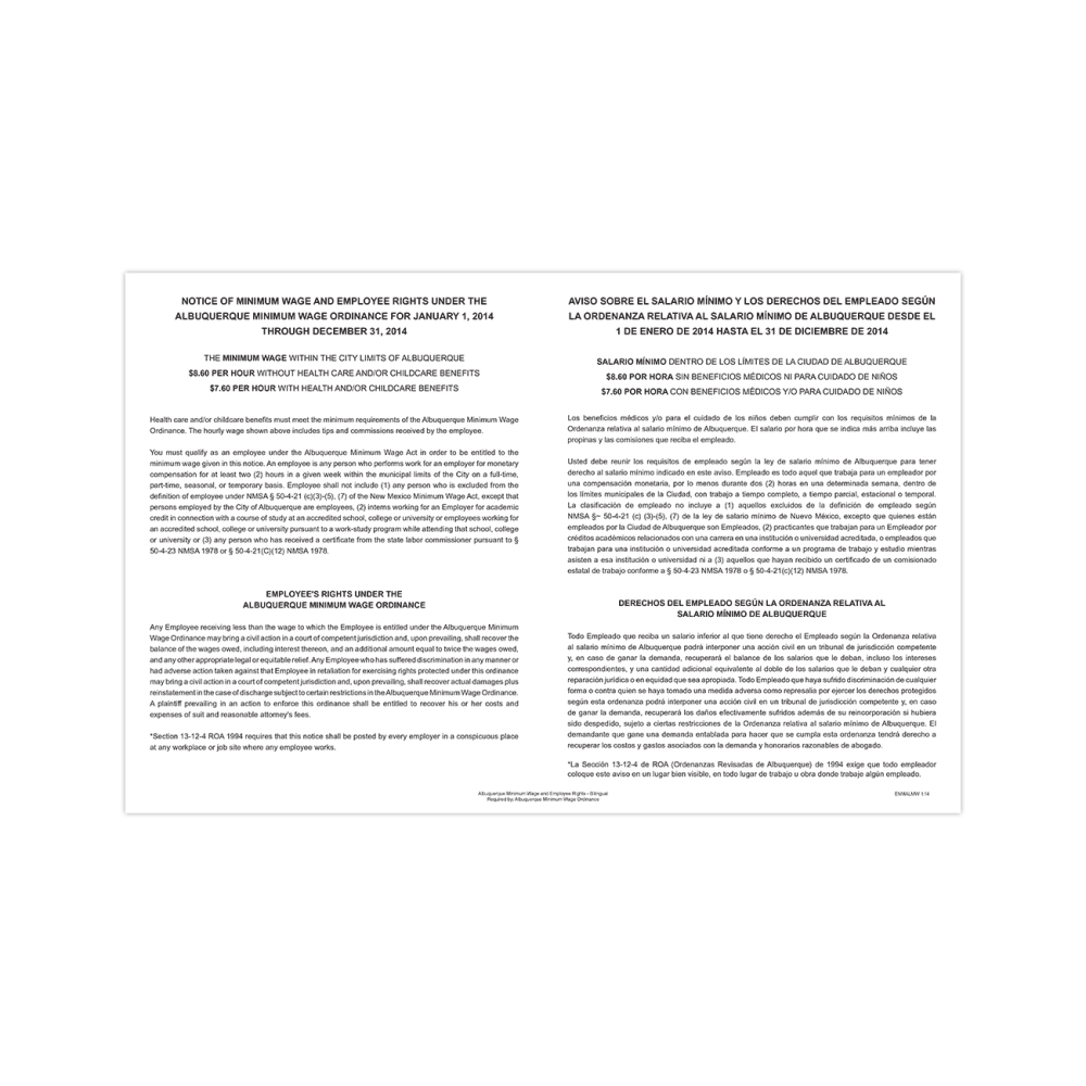 TAX FORMS PRINTING, INC. ENMALMW ComplyRight City & County Specialty Posters, Minimum Wage, Bilingual, Albuquerque,11in x 17in