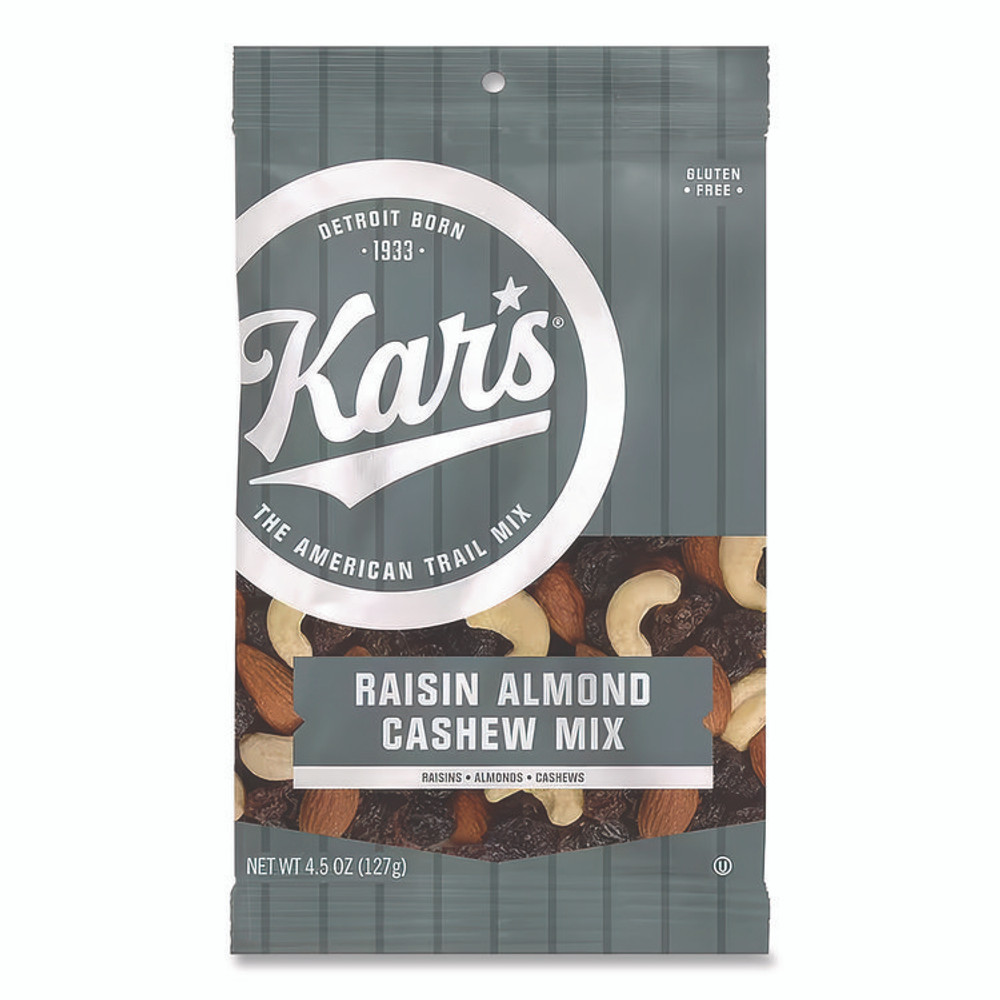 KAR'S NUTS 08444 Fresh Harvest Trail Mix, Raisin Almond Cashew, 4.5 oz Bag, 12/Box