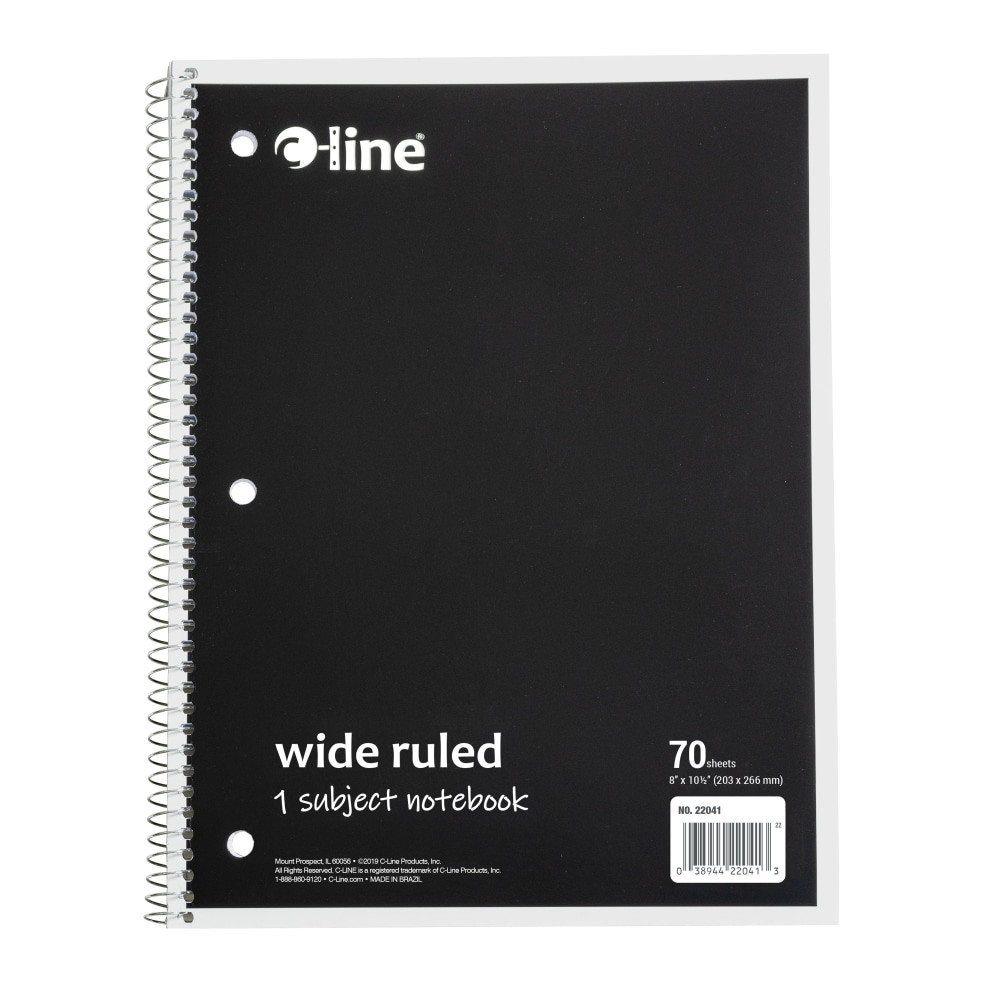 Jot down class notes, homework and ideas within the pages of C-Line Wide Rule Spiral Notebooks. Pages are perforated for easy removal.  Features blue handwriting lines with a red margin divider for neat writing.  Perforated pages for easy removal.  3-hole punched to fit into most standard 3-ring binders.  Spiral-bound for durability.  Durable board back cover for support.