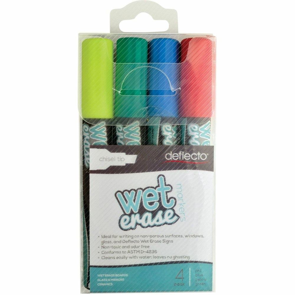 DEFLECT-O CORPORATION SMA510-V4 Deflecto Chisel Tip Wet-Erase Markers, Chisel Point Style, Green, Red, Blue, Yellow, Pack Of 4