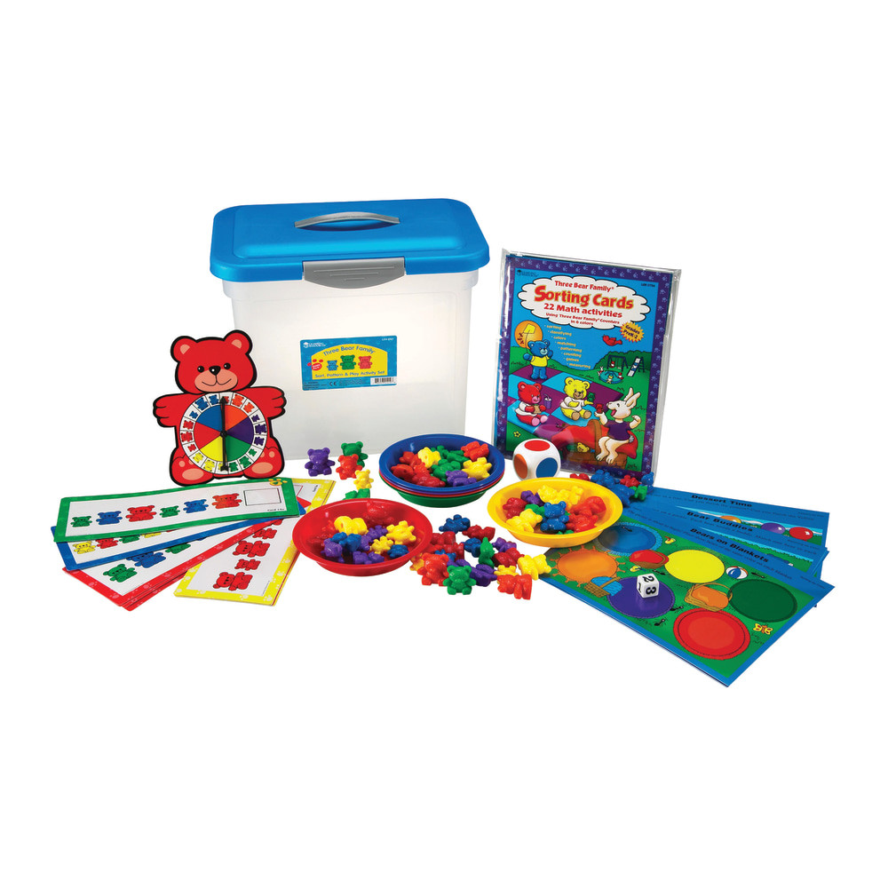 Fun characters make it simple for kids to develop their math skills. When its time to cleanup, a plastic storage tub with a handle makes it a breeze to put the activity set away.  Set includes 96 counters in 6 colors, 6 sorting bowls, a 2in color cube, a number cube, 16 pattern cards, 12 double-sided activity cards and a bear game spinner.  A great way to develop early math skills.  Plastic storage tub has a carrying handle for easy storage and transport.  For preschool to grade 2.  Product is available in multiple colors. Option for color selection is not available.