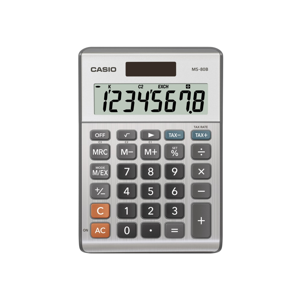 Make quick calculations using this Casio MS-80B Desktop Calculator. Thanks to the compact design, its easy to find a spot for this Casio calculator at your desk and tuck it away in your briefcase for use on the go.  Features a silver, metallic finish.  Easy-to-read 8-digit display.  Features various easy-to-use functions. Includes tax & currency exchange function, constants for +/-/x/&divide;, independent memory, mark-up/mark-down, +/-, 00 and back space key for quick correction.  Battery- and solar-powered to work anywhere.