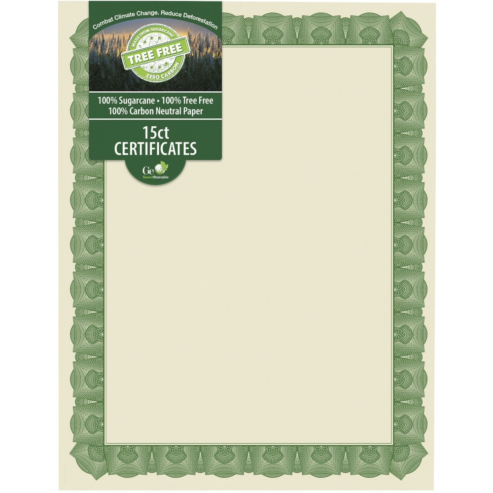 ROYAL CONSUMER PRODUCTS, LLC 49016 Geographics Tree Free Certificate - 8.5in Width - Multicolor with Green Border - Sugarcane - 15 / Pack