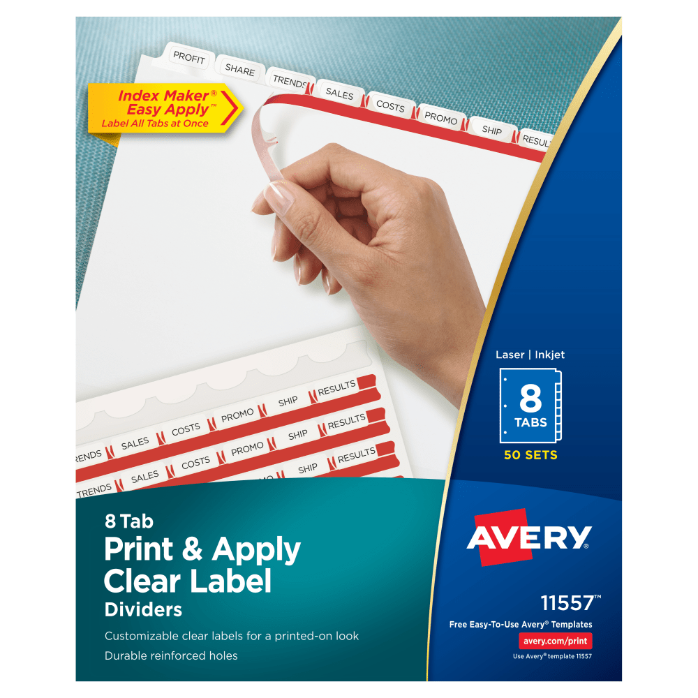 AVERY PRODUCTS CORPORATION 11557 Avery Customizable Index Maker Dividers For 3 Ring Binder, Easy Print & Apply Clear Label Strip, 8 Tab, White, Pack Of 50 Sets