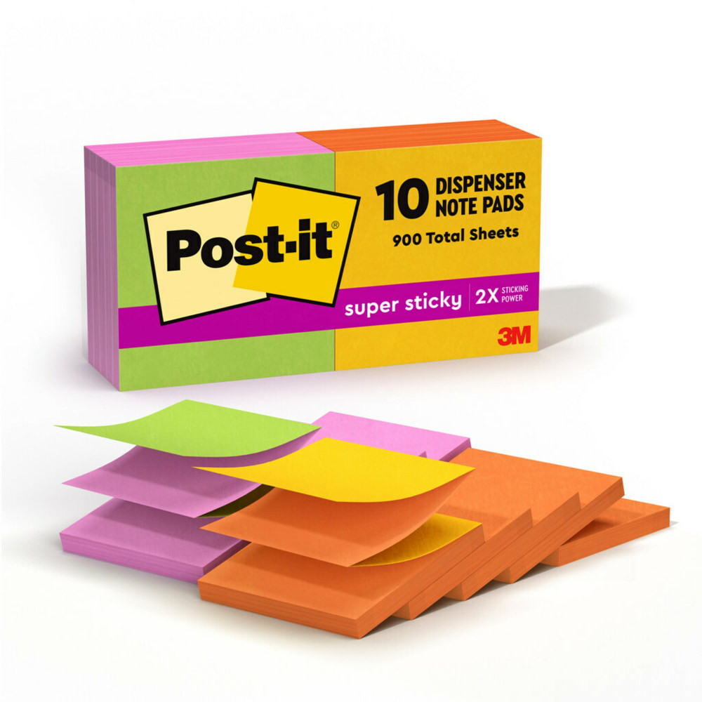 They also stick and re-stick - allowing you to move your notes with you throughout your day. They"re ideal for walls, doors, windows and other vertical surfaces, and like all Post-it Notes, they stick securely yet remove cleanly without damage. Keep your ideas across your notebooks, classroom books, calendars or other documents. No tape or tacks are needed with adhesive notes, saving you money and time on office products or school supplies. A great memo pad, these are ideal for using for notes or reminders to yourself or others. Post-it Super Sticky Notes are the perfect solution for shopping lists, reminders, notes on computer screens, time tracking, to-do lists, marking cables, color-coding documents, reminding kids to do chores, storyboarding, scratch paper and agile processing.  EXPERIENCE THE POWER OF 2X STICKINESS: Post-it Super Sticky Notes offer twice the sticking power of basic sticky notes, ensuring they stay put and wonT fall off  STICK AND RESTICK ANYWHERE: These accordion-style notes refill your Post-it Note Dispensers and adhere firmly to walls, windows, doors, and other vertical surfaces, allowing you to move your reminders with ease  VERSATILE AND ESSENTIAL: Post-it Super Sticky Notes are the perfect solution for shopping lists, reminders, to-do lists, color-coding, labeling, family chore reminders, brainstorming, storyboarding, and quick notes  ENHANCE YOUR NOTE-TAKING EXPERIENCE: Download the free Post-it App on your smartphone or tablet to enjoy the simplicity and convenience of Post-it Notes anytime and anywhere  VALUE-PACKED CONVENIENCE: Each pack includes 10 pads of 3 in. x 3 in. notes, with 90 sheets per pad, providing an ample supply for your office, work area, or classroom  VARIOUS SIZES AND SHAPES: Available in different sizes, with or without lines, to cater to your specific needs  EYE-CATCHING COLORS: Vibrant and colorful reminders are more likely to grab attention and be noticed  INTRODUCING THE ENERGY BOOST COLLECTION: Energize your ideas with the exciting colors of Vital Orange, Sunnyside, Limeade and Tropical Pink  EXPLORE OUR COLLECTIONS: With 11 color collections, the Post-it Brand offers a wide range of options to suit every style and preference, whether at home, in school, or at the office  TRUST THE ORIGINAL CREATOR: Made in the USA with globally sourced materials, the one and only Post-it Note was invented over 40 years ago by the Post-it Brand  SUSTAINABILITY: Post-it Super Sticky Notes can be recycled