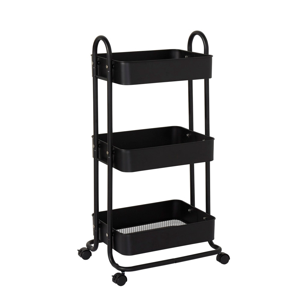 Keep office supplies, craft materials and paperwork neatly organized on the Realspace Mobile 3-Tier Storage Cart. Easily maneuver this cart throughout your home with steering handles and lockable casters.  Made from sturdy metal.  3-tier design handles large and small items.  Strong handles are designed for steering.  Locking casters are easy to maneuver.  Weight capacity tested to support 20 lb per shelf.  Assembly required.