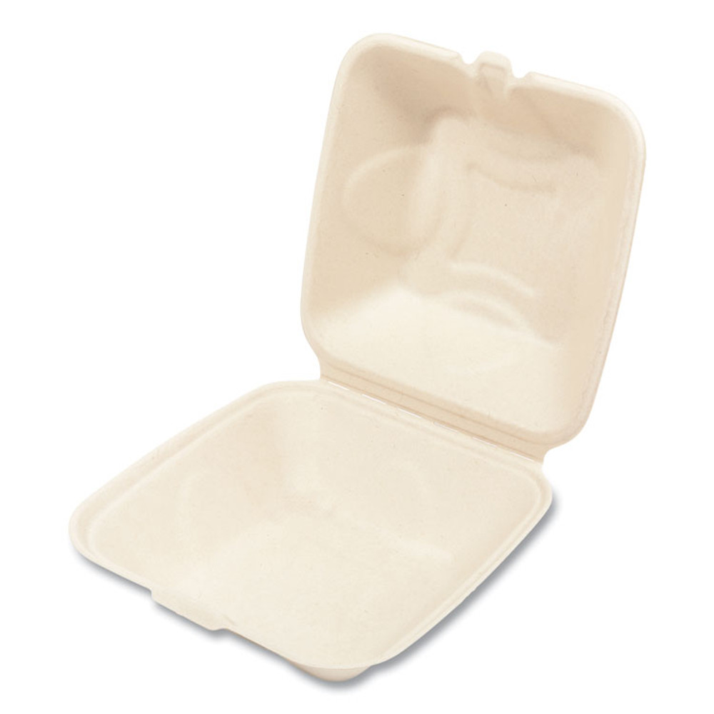 BOARDWALK HINGE66NPFA Bagasse PFAS-Free Food Containers, 6 x 6 x 3.19, Tan, Sugarcane, 500/Carton