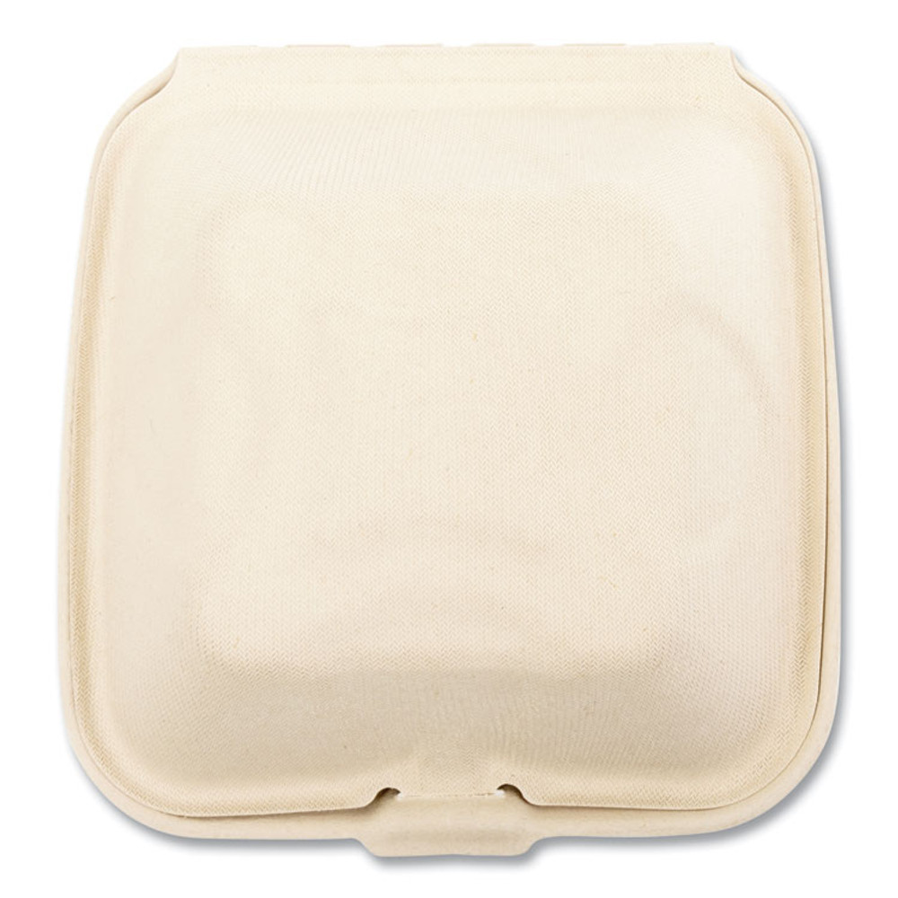 BOARDWALK HINGE66NPFA Bagasse PFAS-Free Food Containers, 6 x 6 x 3.19, Tan, Sugarcane, 500/Carton