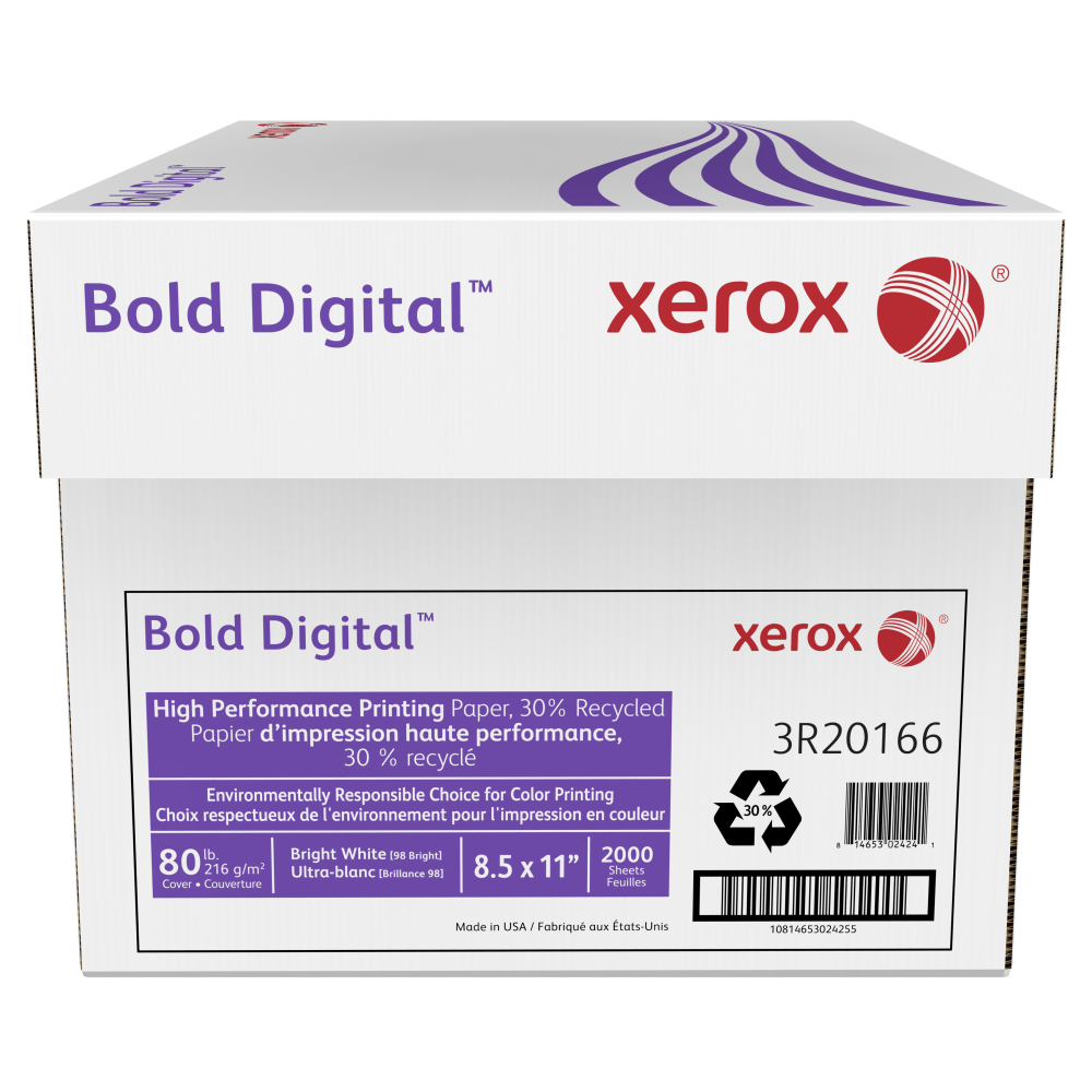 DOMTAR PAPER COMPANY, LLC Xerox 3R20166  Bold Digital Printing Paper, Letter Size (8 1/2in x 11in), 2000 Sheets Total, 98 (U.S.) Brightness, 80 Lb Cover (216 gsm), 30% Recycled, FSCCertified, 250 Sheets Per Ream, Case Of 8 Reams