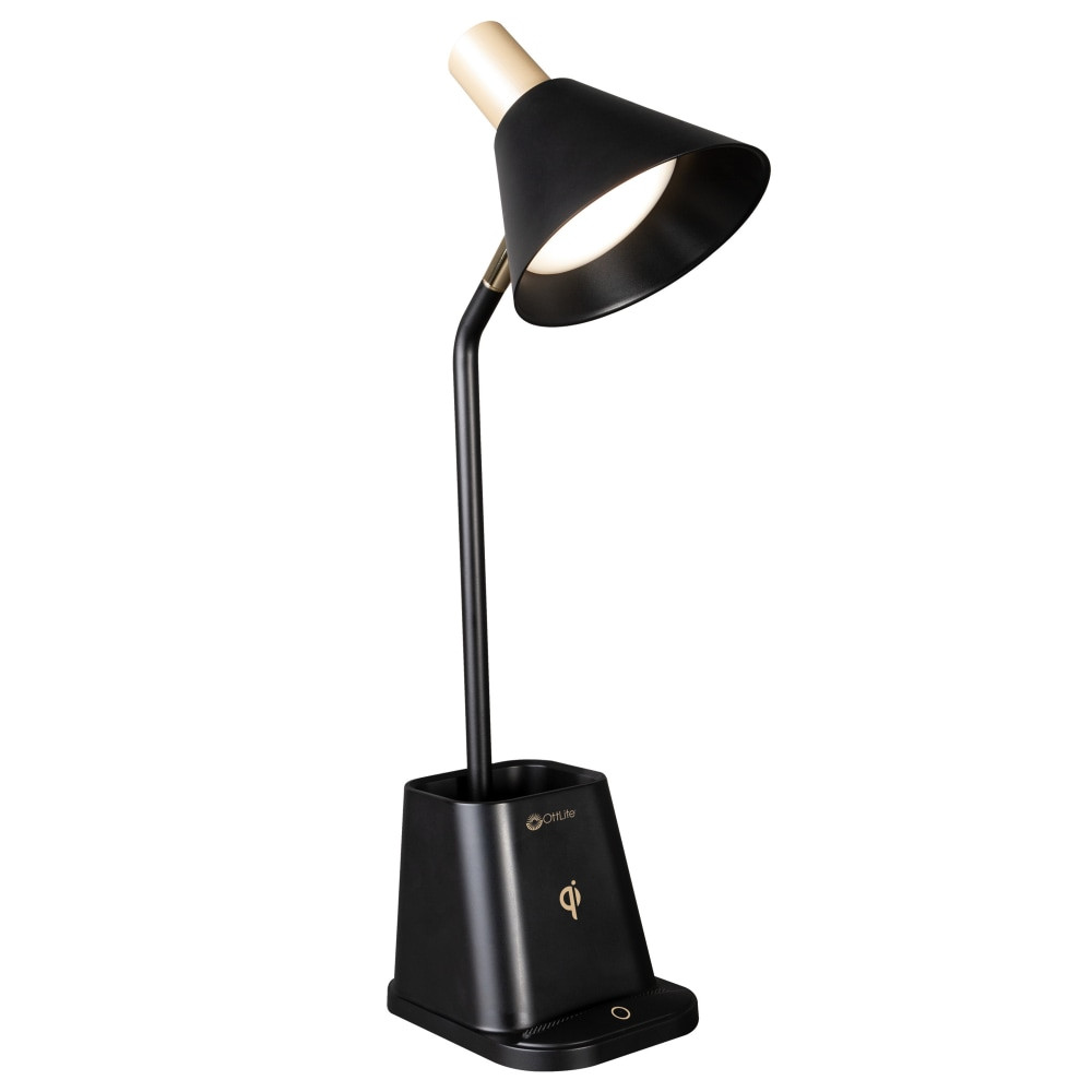 Enjoy a brighter, more organized workspace with help from this OttLite Wellness Series Merge LED Desk Lamp. Using the wireless charging stand and USB port, you can refuel 2 devices simultaneously.  Accessory compartment in the base holds pens, scissors, and other office supplies.  Adjustable shade lets you direct light right where its needed most.  Choose from 3 color temperatures (warm light, bright white and ClearSun natural daylight). ClearSun LED technology helps reduce eye strain.  Wireless charging stand is compatible with most Qi-enabled devices. Also includes a USB (5V, 2.1A ) charging port.  Assembly required.  Energy efficient - designed to use less energy than alternative products, potentially helping you save money and reduce your carbon footprint.