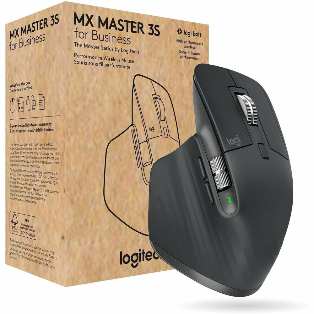 LOGITECH 910-006581  MX Master 3S for Business - Full-size Mouse - Darkfield - Wireless - Bluetooth - Rechargeable - Graphite - USB Type A - 8000 dpi - Scroll Wheel - 7 Button(s) - Right-handed