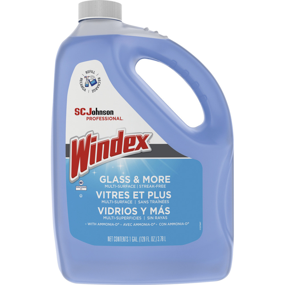 Keep your home or business clean with help from Windex Glass Cleaner. This glass and surface cleaner helps simplify your cleaning routine. You can use the same solution on your windows, mirrors, counters and more. And thanks to the streak-free formula, you will be able to enjoy a clear, sparkling clean.  Cleans glass and hard surfaces, including chrome, porcelain, ceramic tile, Formica counters, mirrors, vinyl and tabletops.  Glass cleaner with Ammonia-D delivers powerful cleaning action.  DoesnT leave streaks.  No residue.  Phosphate-free.  Includes 128 oz of Windex glass cleaner to refill for your spray bottle.
