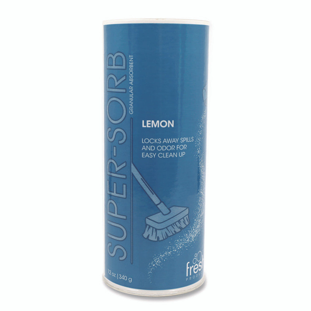 FRESH PRODUCTS 614SSBX Super-Sorb Liquid Spill Absorbent, Lemon Scent, 720 oz Absorbing Volume, 12 oz Shaker Can, 6/Box