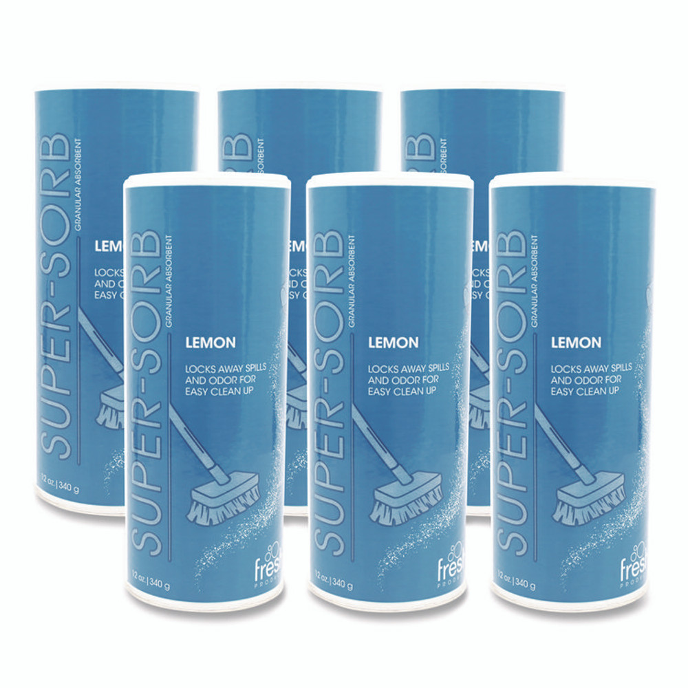 FRESH PRODUCTS 614SSBX Super-Sorb Liquid Spill Absorbent, Lemon Scent, 720 oz Absorbing Volume, 12 oz Shaker Can, 6/Box