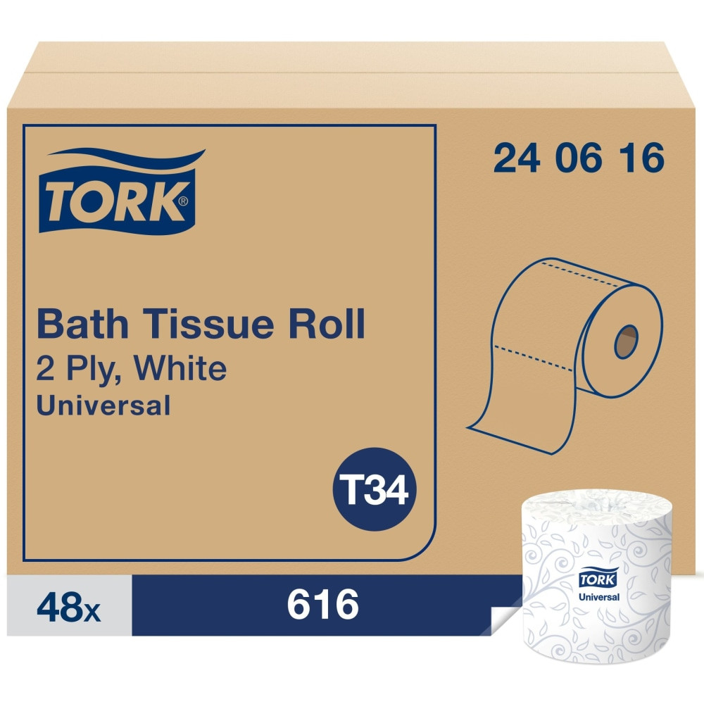 Tork TRK240616  Universal Bath Tissue Roll - 2 Ply - 3.75in x 205.33 ft - 616 Sheets/Roll - 5in Roll Diameter - White - Fiber - Embossed, Soft, Absorbent - For Bathroom, Plumbing - 616 / Roll