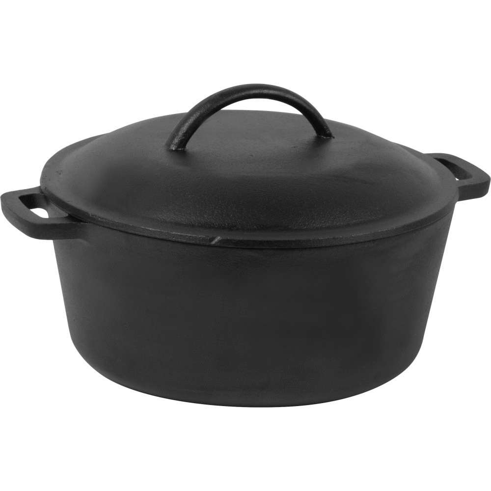 Enjoy tasty soups, stews, meats and more made with the Commercial Chef 5-Quart Cast Iron Dutch Oven. Its pre-seasoned for immediate use and releases food easily to avoid messes.  Made from durable cast iron.  Pre-seasoned for immediate use.  Easy-release surface helps prevent rust.  Can be used on the stove top or in the oven. Withstands high temperatures.  2 handles for easy transport.  Includes a lid.  Large 5-quart design.