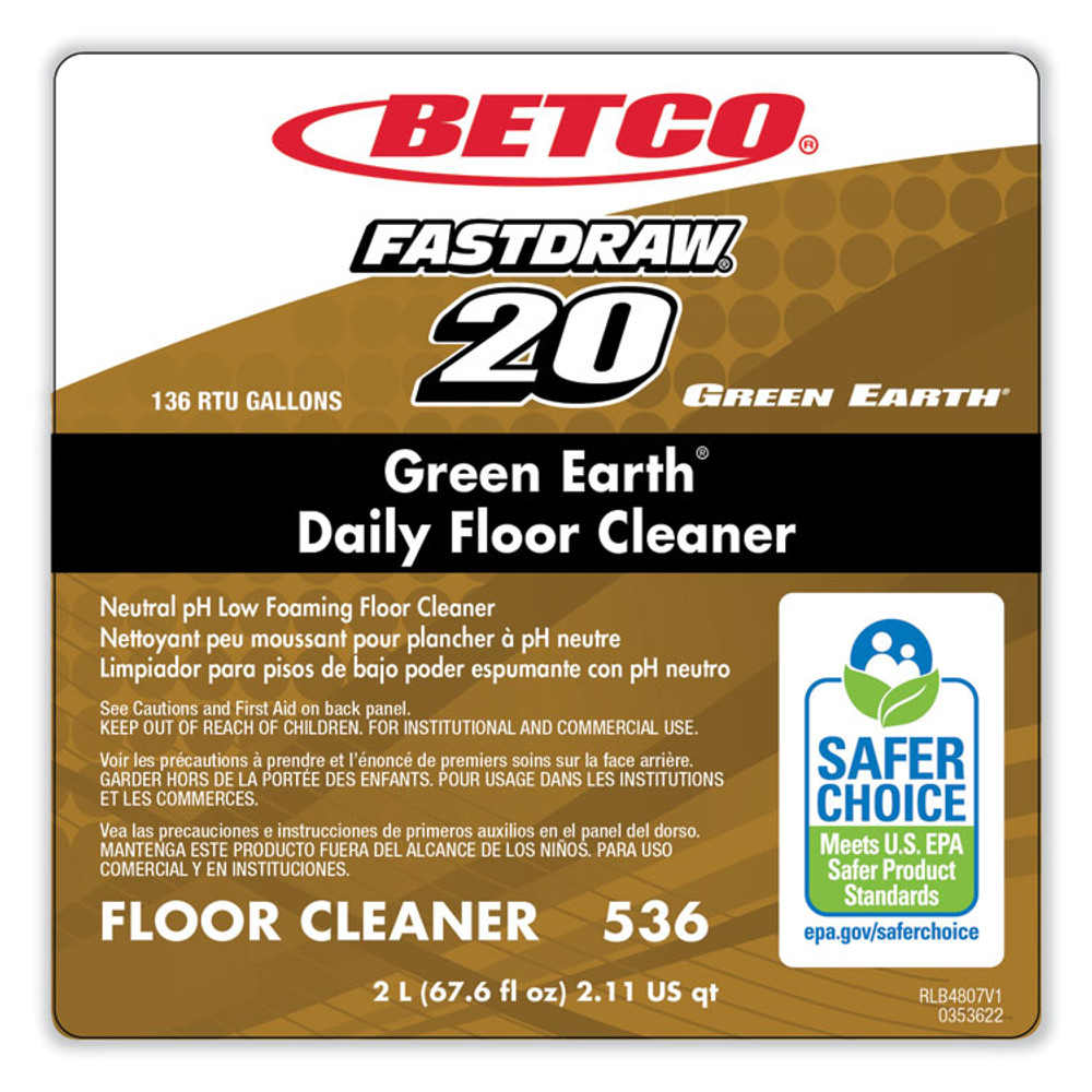 BETCO CORPORATION 5364700 Green Earth Daily FastDraw Floor Cleaner, 2 L Bottle, Unscented, 4/Carton