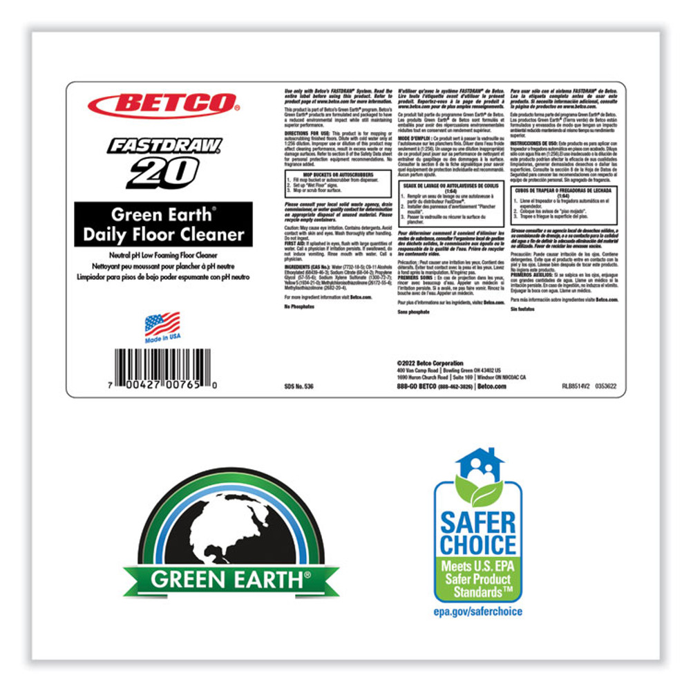 BETCO CORPORATION 5364700 Green Earth Daily FastDraw Floor Cleaner, 2 L Bottle, Unscented, 4/Carton