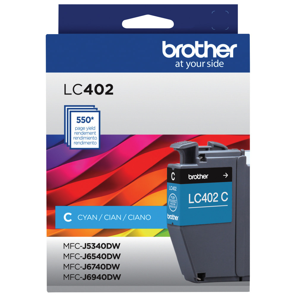 Compatible Brother models: MFC : MFC-J5340DW US model, MFC-J6540DW Amer Model, MFC-J6740DW, MFC-J6940DW Amer Model.  .  Add the Brother LC402 Cyan Ink Cartridge to you inkjet printer to get the quality you deserve. The cyan ink helps yield up to 550 pages for bigger jobs.  Yields up to 550 pages.  Produces vivid colors with inkjet printers.  Recycling solution - designed to encourage recycling, helping you divert materials from landfill.
