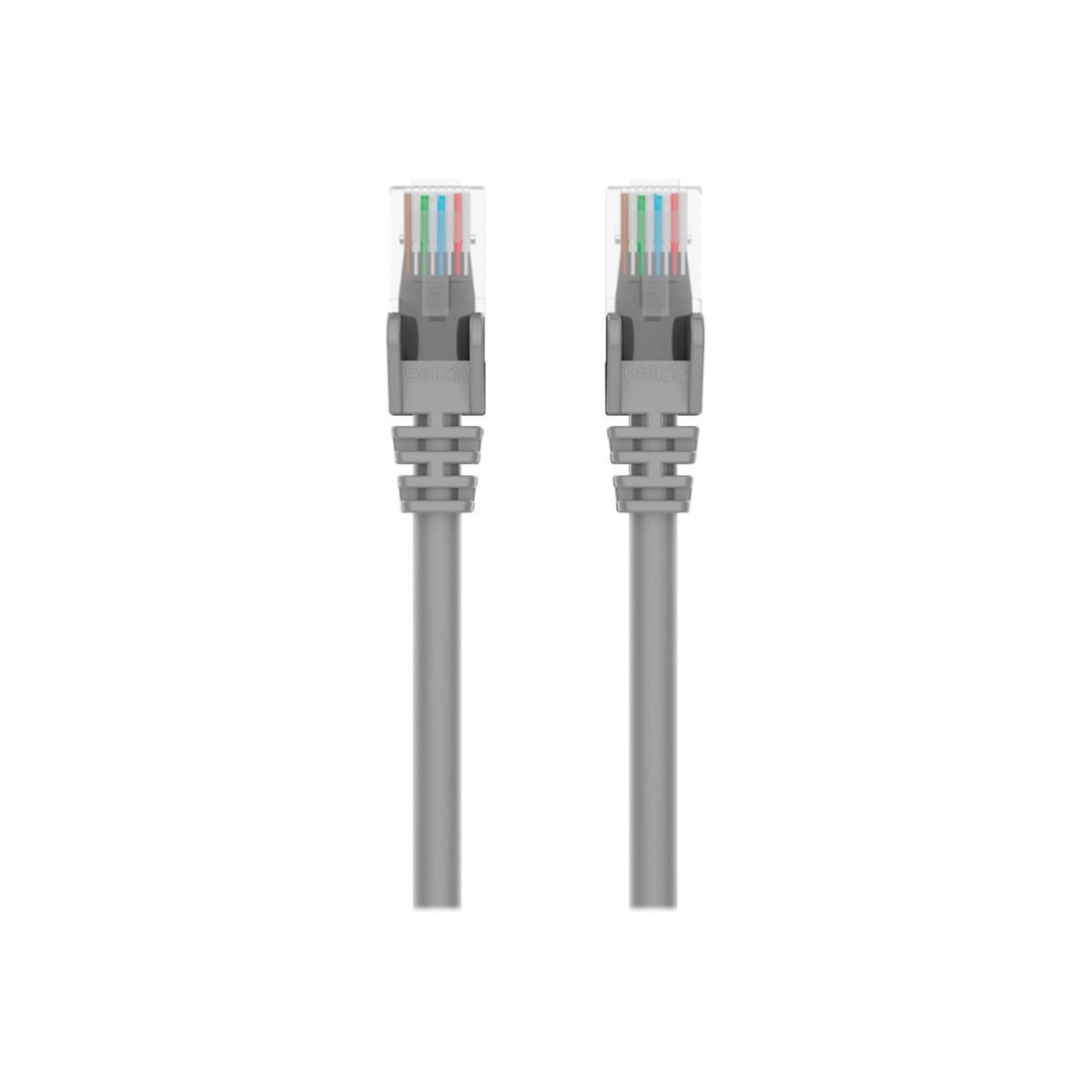 RJ45 plugs with gold-plated contacts for a clear signal. The Belkin CAT6 Ethernet patch cable features an RJ45 male connector on each end. Internal load bars ensure accurate plug positioning and consistent high performance, while 50-micron gold-plated connectors resist corrosion and wear and deliver a clean, clear signal.  Less crosstalk with twisted pair wires. The CAT6 Ethernet patch cable features 4 UTP 24 AWG (American Wire Gauge) stranded copper wires to reduce electromagnetic interference. Stranded cables are more pliable than solid cables, making them better suited for travel. Plus, the wires are housed in a durable PVC outer jacket for abrasion and corrosion resistance.  Connect easily to a computer network. Upgrade your network and enjoy clean and clear transmissions with the Belkin CAT6 Ethernet patch cable. This patch cable lets you connect a laptop or desktop computer to a wall outlet, modem, router or another networking device. It meets the CAT6 standard and is suitable for use with 100/1000BASE-T networks. Patch cables are also handy in home offices and hotel rooms to establish a wired Internet connection.  Gigabit speeds with CAT6 technology. Made with Unshielded Twisted Pair (UTP) stranded copper wires, this cable meets the CAT6 Ethernet network cable standard and can support Ethernet speeds of up to 1 gigabit per second. Unlike CAT5 technology, CAT6 cables fully use all four pairs of twisted copper wires for greater bandwidth and speed.