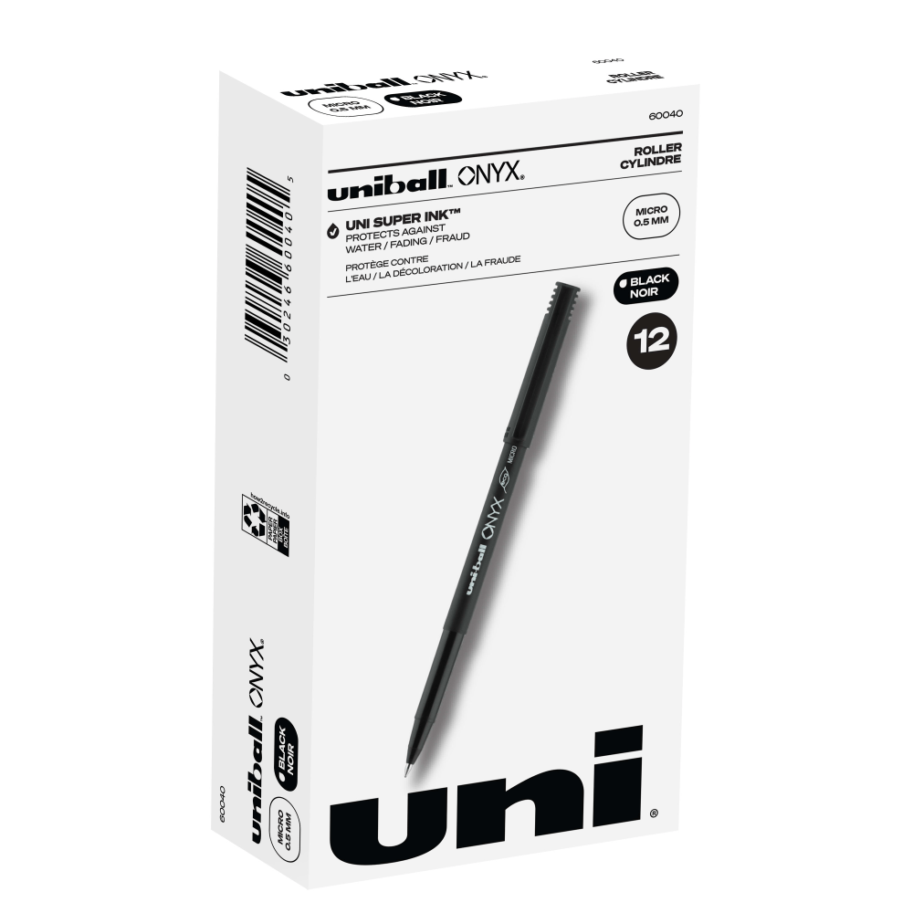 NEWELL BRANDS INC. Uni-Ball 60040  Onyx Rollerball Pens, Micro Point, 0.5 mm, Black Barrel, Black Ink, Pack Of 12