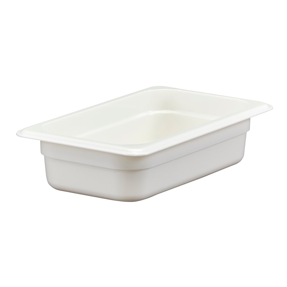 Store, serve and transport food all within Cambro Camwear GN 1/9 Size 2in Food Pans. The virtually unbreakable design is resistant to odors and stains for reuse.  Made from break-resistant Camwear polycarbonate.  Stain-, acid- and odor-resistant for reuse.  Non-stick interior.  Textured bottom helps to reduce scratching damage.  Molded graduations are listed in standard and metric.  Uniform 1/2in flange ensures a smooth fit in prep tables.  Stackable design for easy storage.  Withstands temperatures from -40 deg.F to 210 deg.F.  Includes 6 pans total.