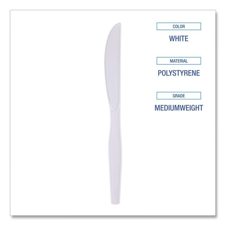 BOARDWALK KNIFEMWPSBX Mediumweight Polystyrene Cutlery, Knife, Plastic, White, 100/Box