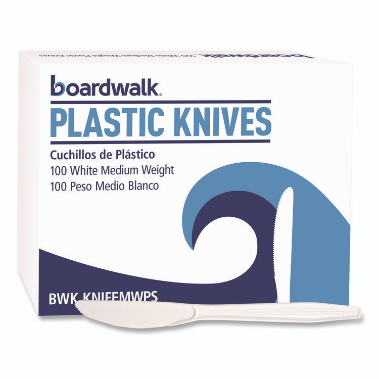 BOARDWALK KNIFEMWPSBX Mediumweight Polystyrene Cutlery, Knife, Plastic, White, 100/Box
